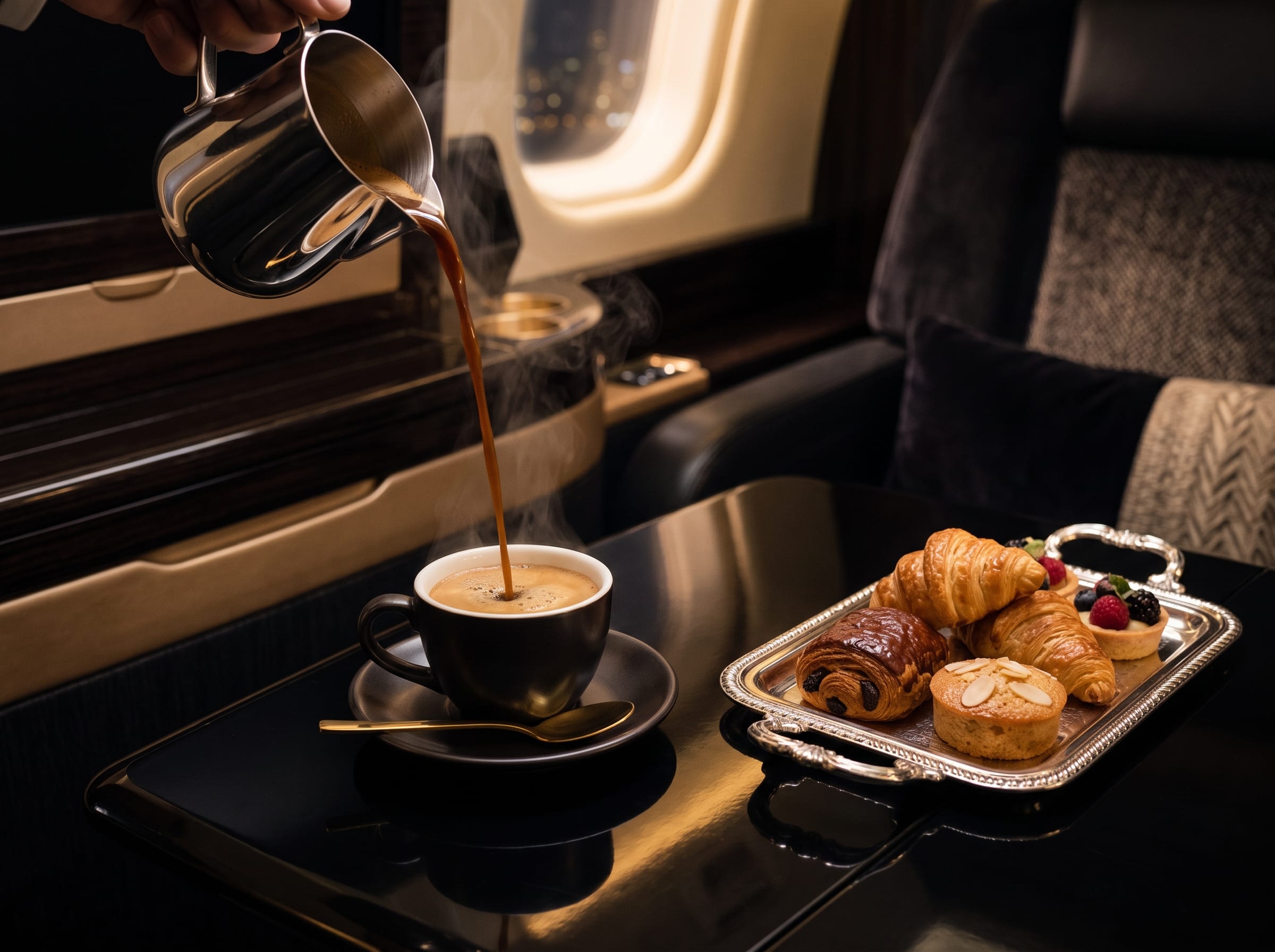 Coffee being poured beside a pastry service on a black lacquered cabin table