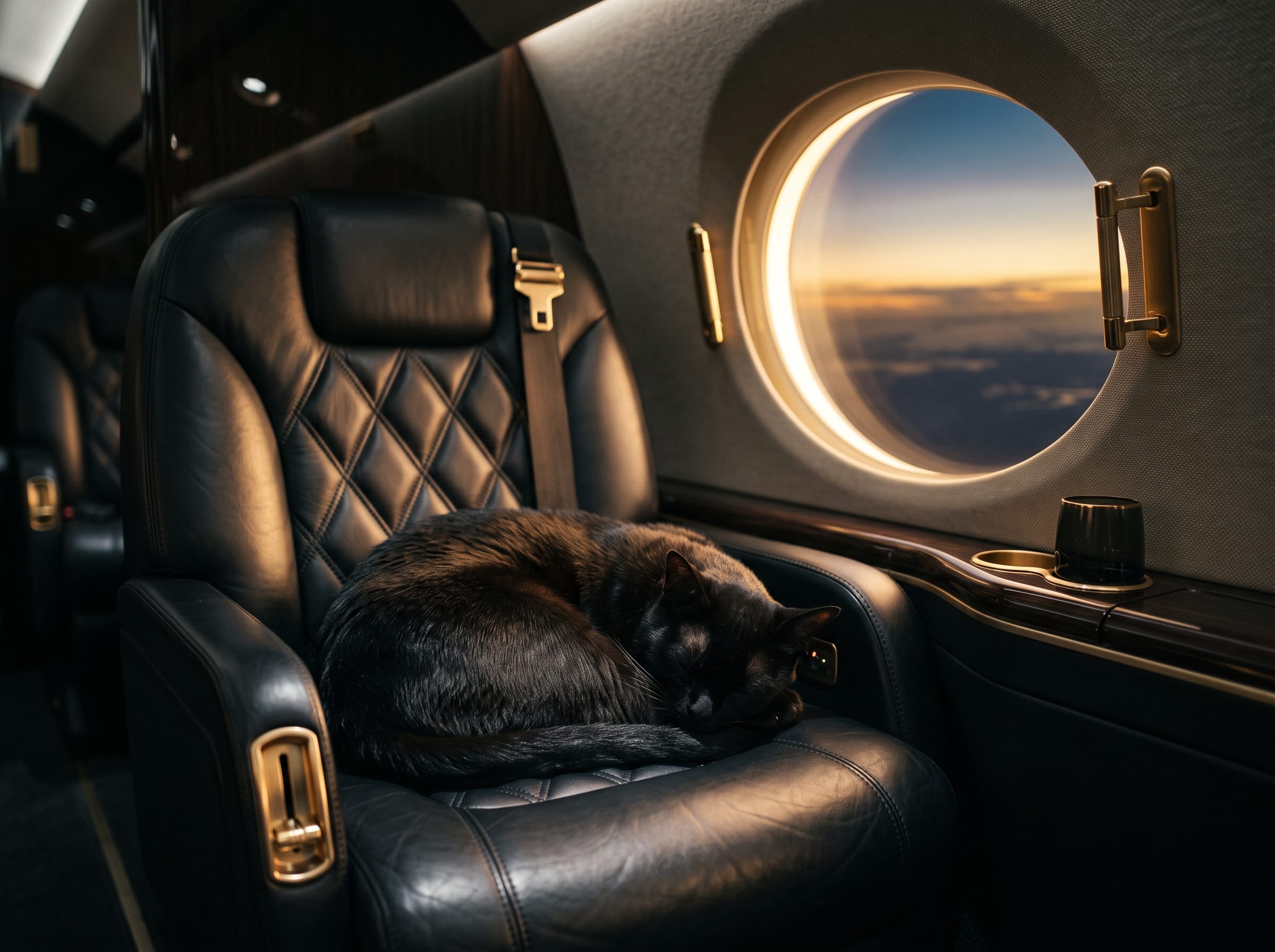 A black cat asleep on a black leather seat beside an oval window at dusk