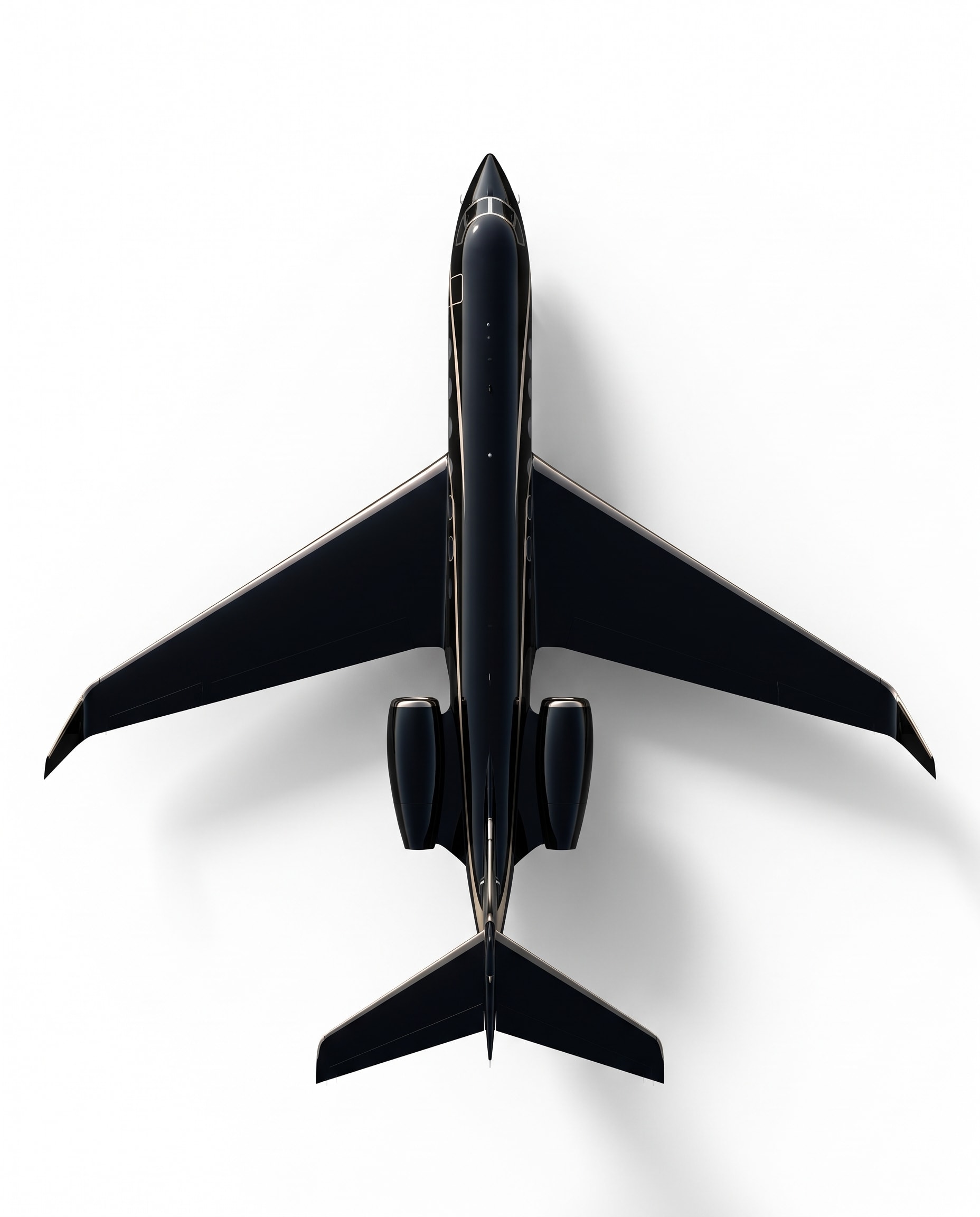 The AERIVE flagship, a black long range jet with a champagne line, seen from above